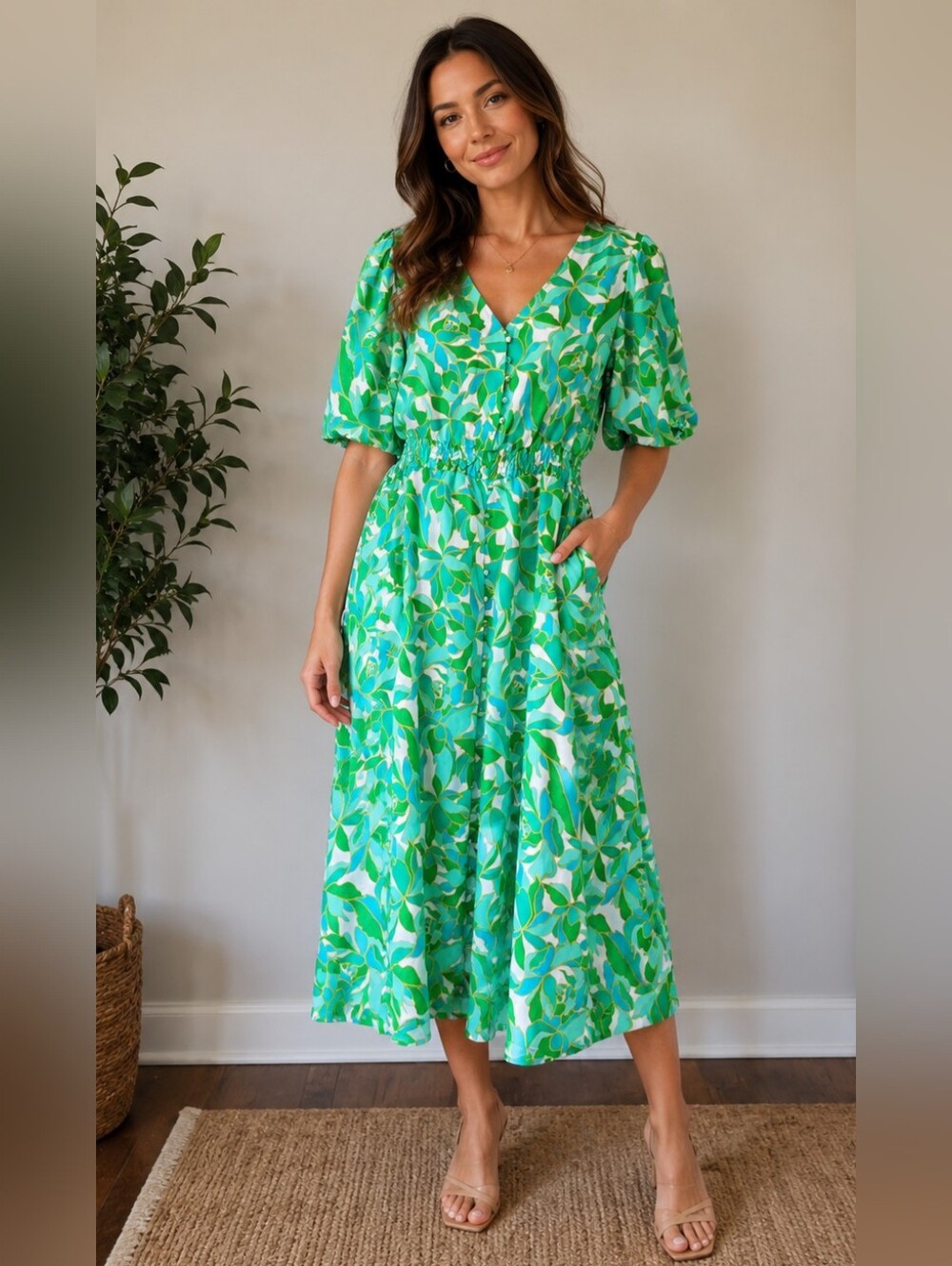 BEME Viscose Blend Green Leaf-Print V-Neck Puff Slvs Midi/Maxi Dress 18 NEW